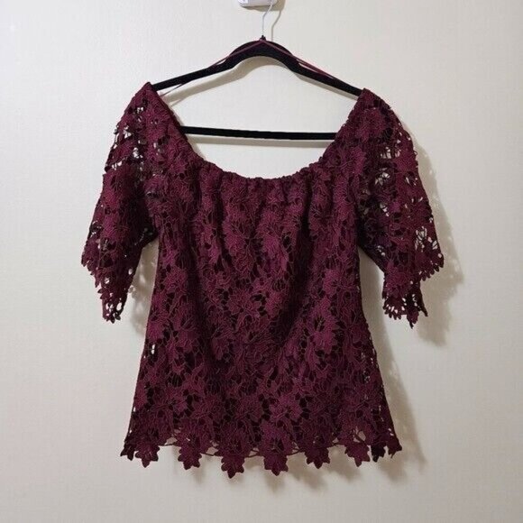 Astars Top Womens XS Burgundy Lace Lined Off Shoulder Floral Stretch Coquette - Picture 2 of 10